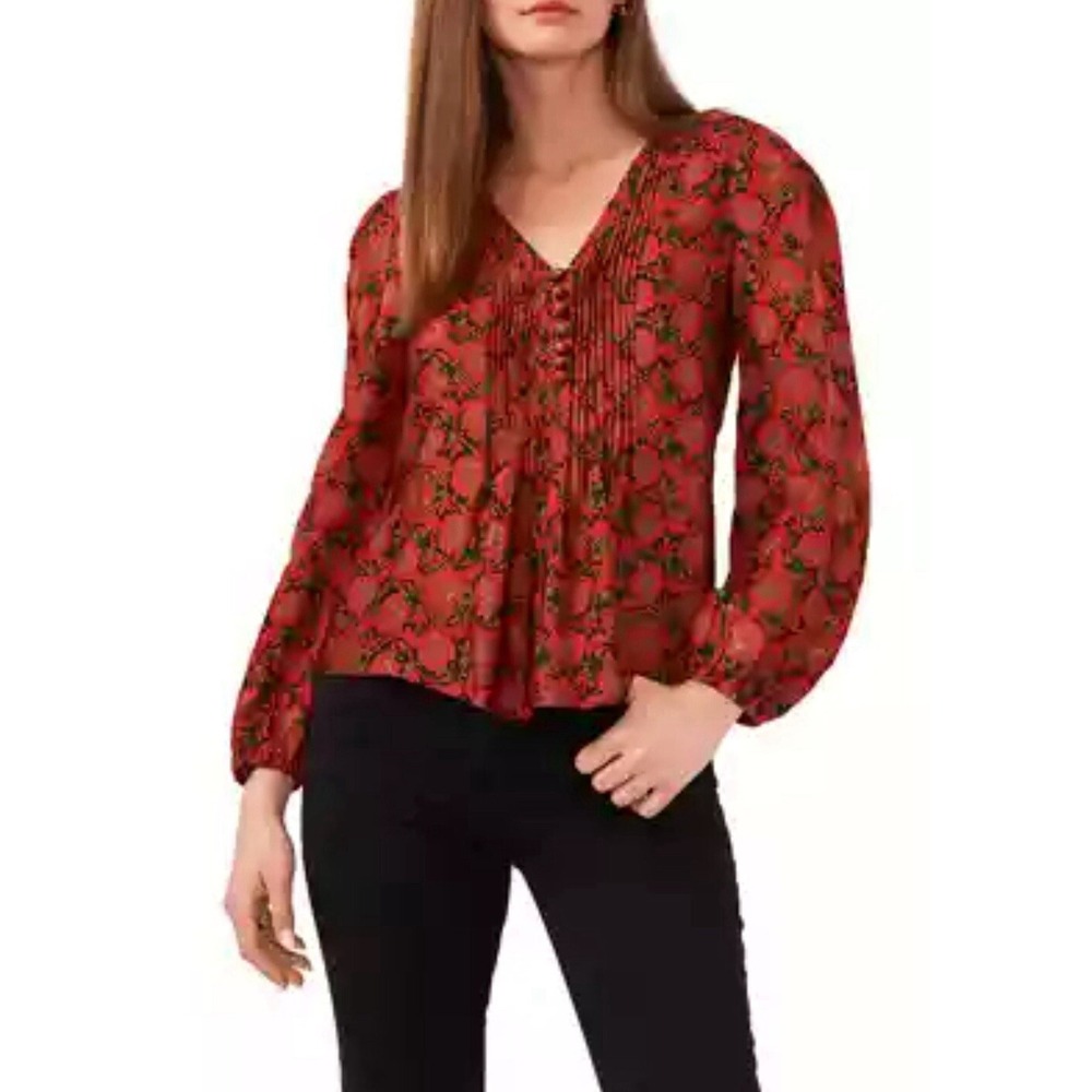 1.STATE Floral Print Woven Studio Red Pinktuck Pleats Button Down Shirt Sz Small